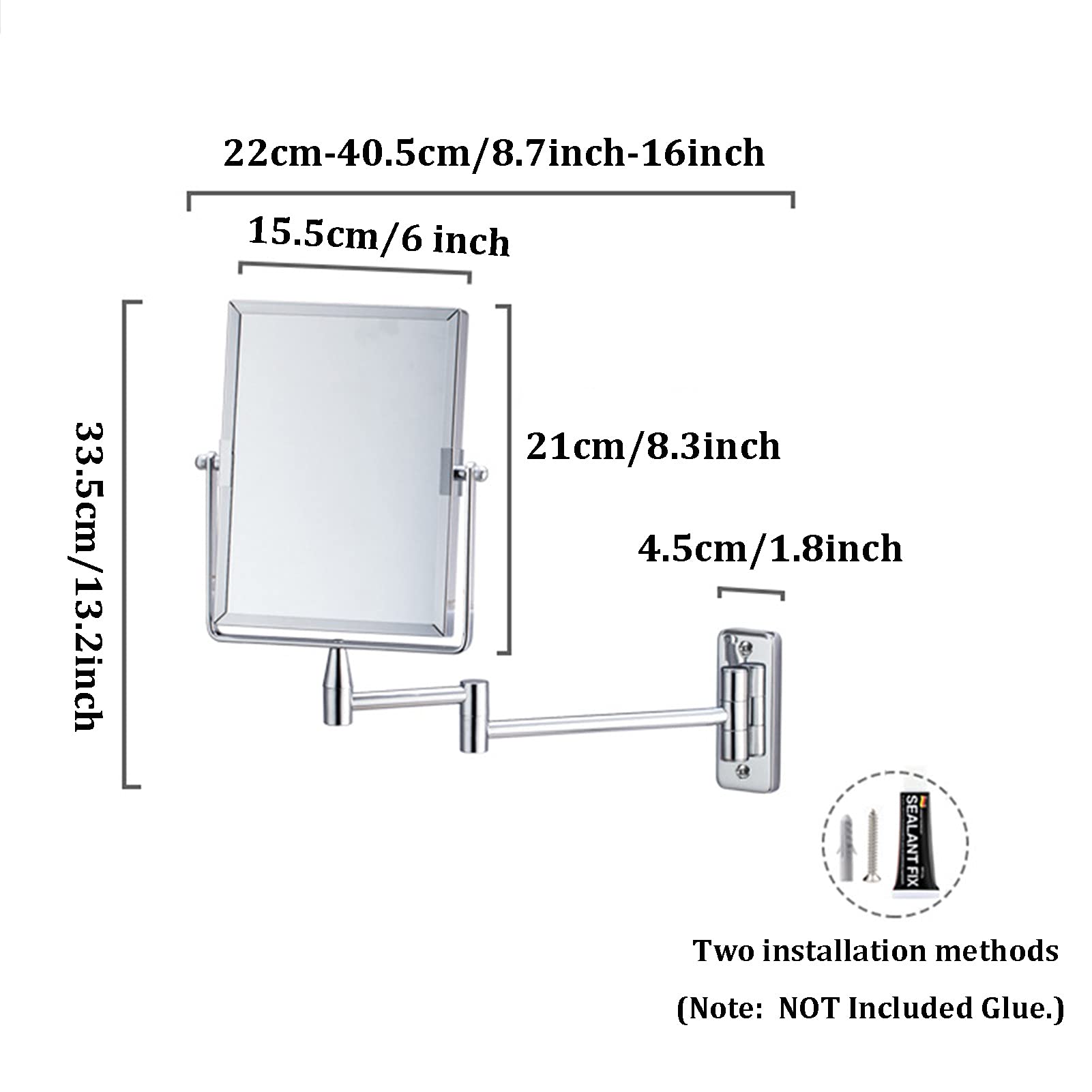 Specchio Trucco da Bagno Parete Rettangolare,Specchio Double Face Specchio Cosmetico Ingranditore,con Ingrandimento 1X/3X,Girevole a 360°,per Bagno Hotel Spa