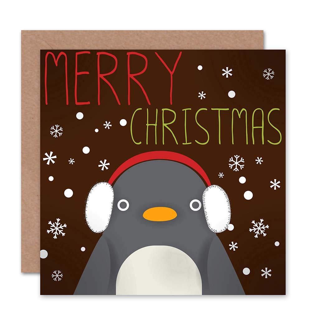 Wee Blue Coo CHRISTMAS PENGUIN SNOW EAR MUFFS BLANK GREETINGS CARD ART