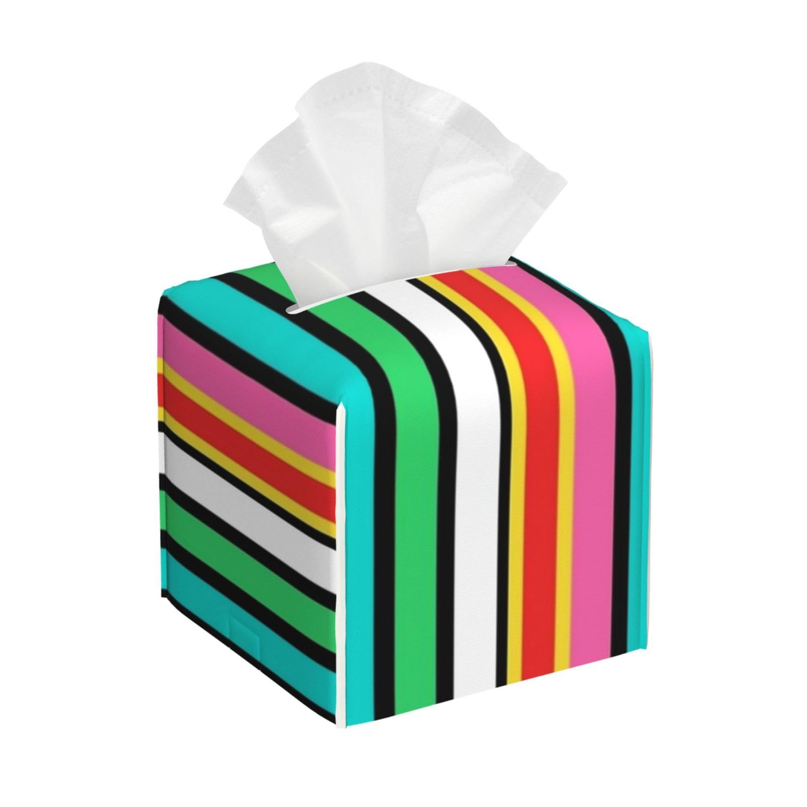 Candy Colored Stripes Tissue Box Cover 5" Square Leather Tissue Holder Facial Tissue Case for Tabletop Bedroom Bathroom Desk Decor