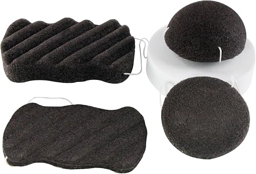 Konjac Exfoliating Organic Facial Sponge Set | Gentle Daily Face Scrub/Skincare | Super Soft Body Cleansing Sponge for Shower, Safe for Baby Bathing, Half Ball + Rectangle 4 Pack, Black