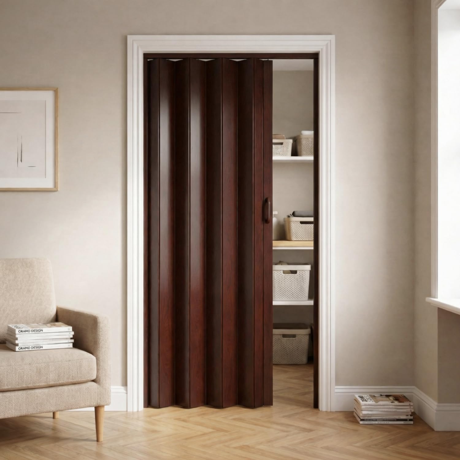 NOVECRAFTO PVC Folding Door, 32 x 80 in – Smooth Glide, Magnetic Closure, Moisture-Resistant, Easy Installation, Space-Saving – Wood Effect Concertina Accordion Sliding Door (Dark Brown Oak)