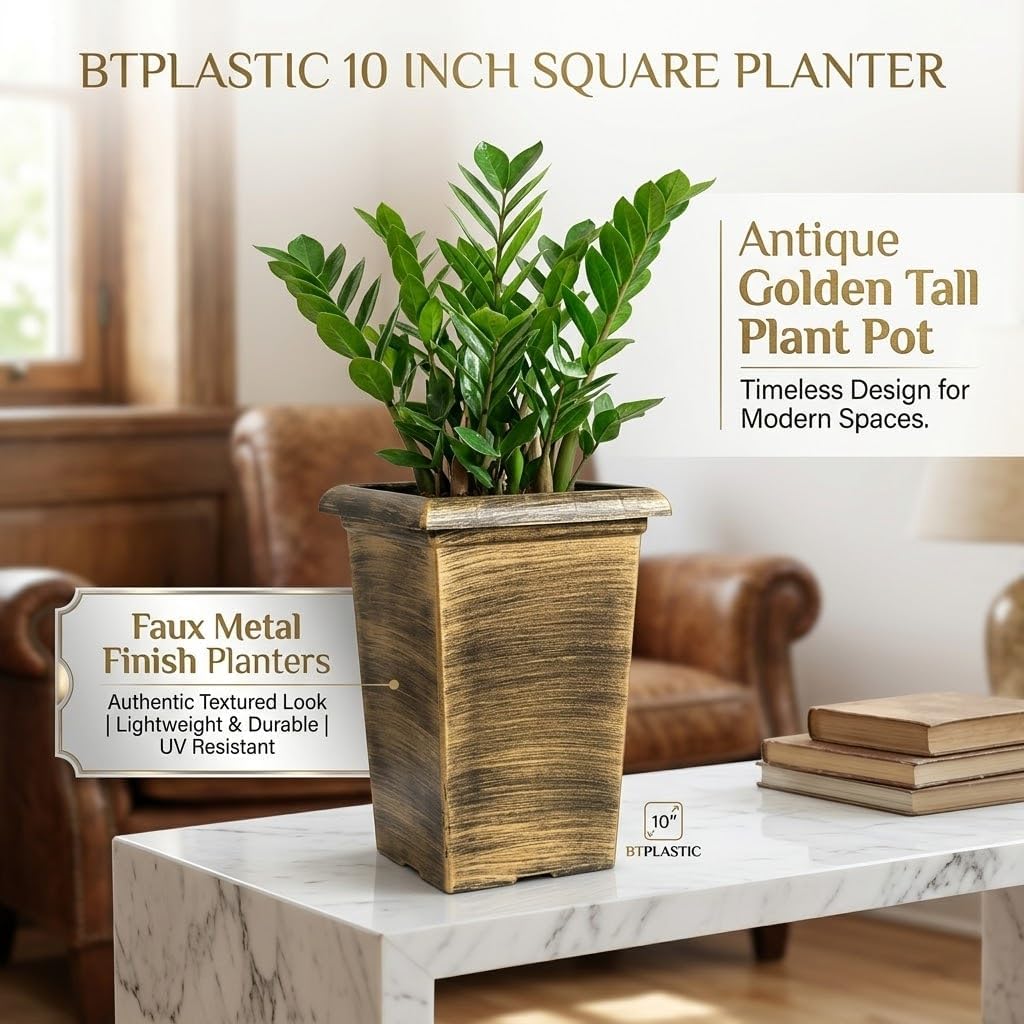 Tall Outdoor Square Planter - 4 Pack 10 Inch Vintage Gold Faux Metal Plant Pot with Drainage Holes & Raised Feet, 13" H Deep Root Plastic Flower Pots for Indoor Outdoor Plants, Trees, Roses
