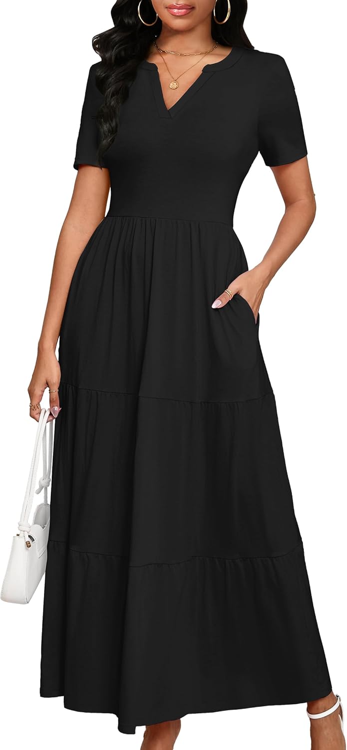 Women Casual Loose Maxi Dress with Pockets V Neck Short Sleeve Tiered Long Summer Beach Swing Dresses