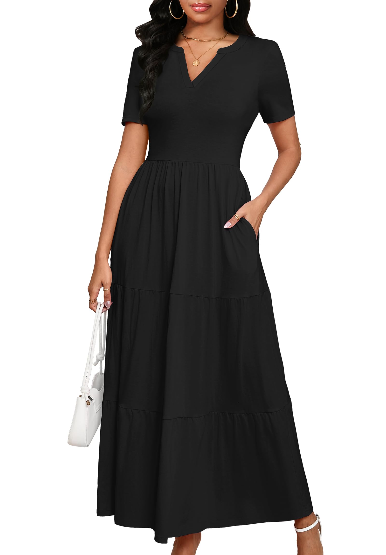 MarryUP Women 2025 Casual Loose Maxi Dress with Pockets V Neck Short Sleeve Tiered Long Summer Beach Swing Dresses