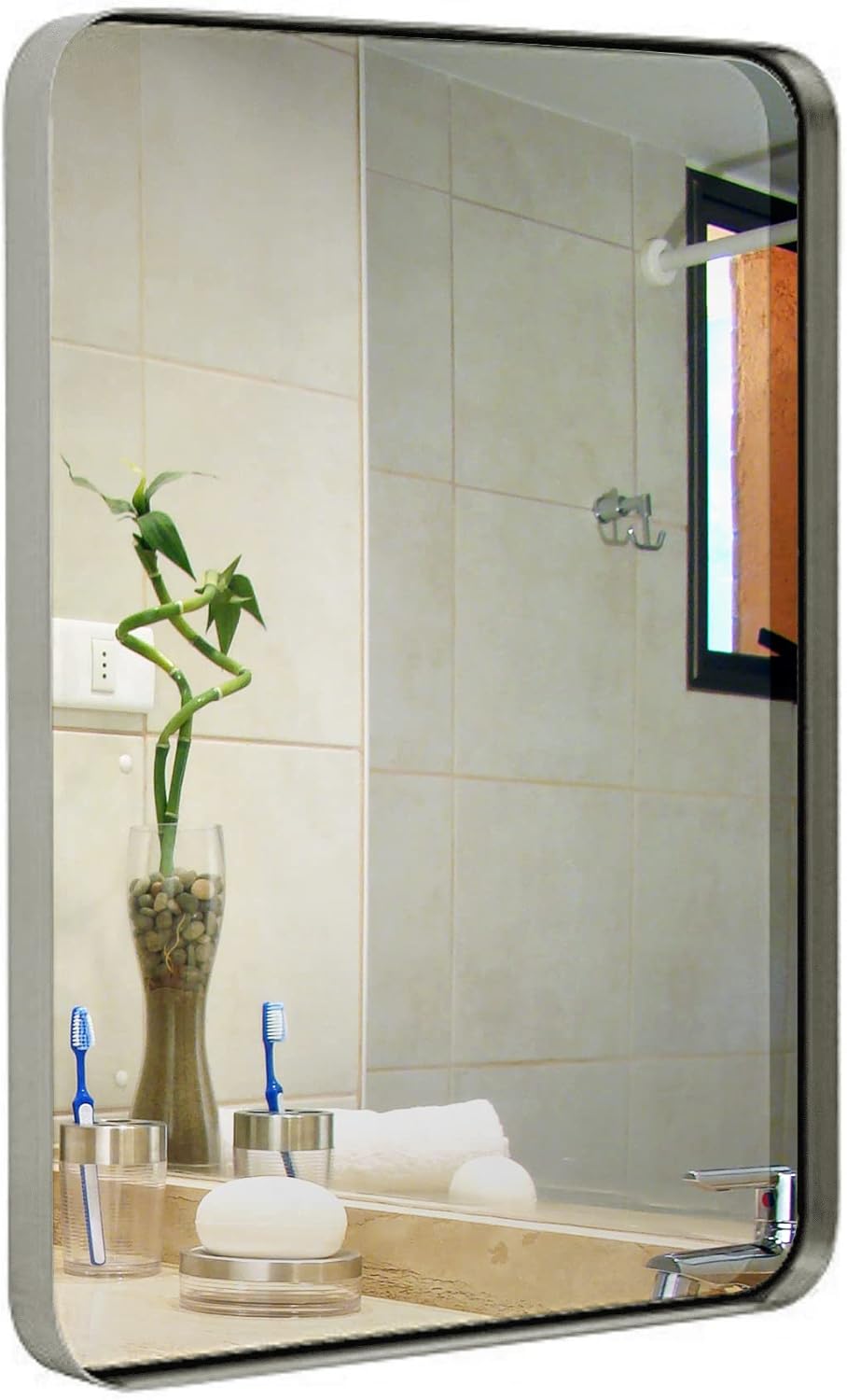 Hamilton Hills 22x30 inch Metal Silver Frame Mirror for Bathroom | Brushed Rectangular Rounded Corner Vanity | 2" Deep Set Design Large Wall Mirrors Decorative | Hangs Horizontal and Vertical 22" x 30" Brushed Silver