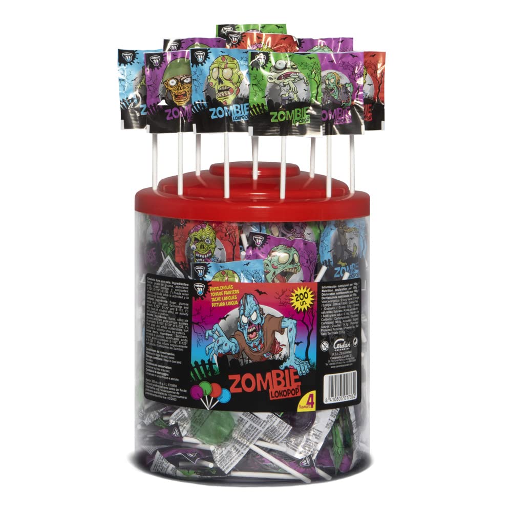 Caramelos Cerdán - Piruletas Zombie LokoPop Pintalenguas de Sabores Variados | Tarro de 200 Unidades | Caramelos Sin Gluten ni Alérgenos | Ideal para Fiestas, Eventos y Cumpleaños