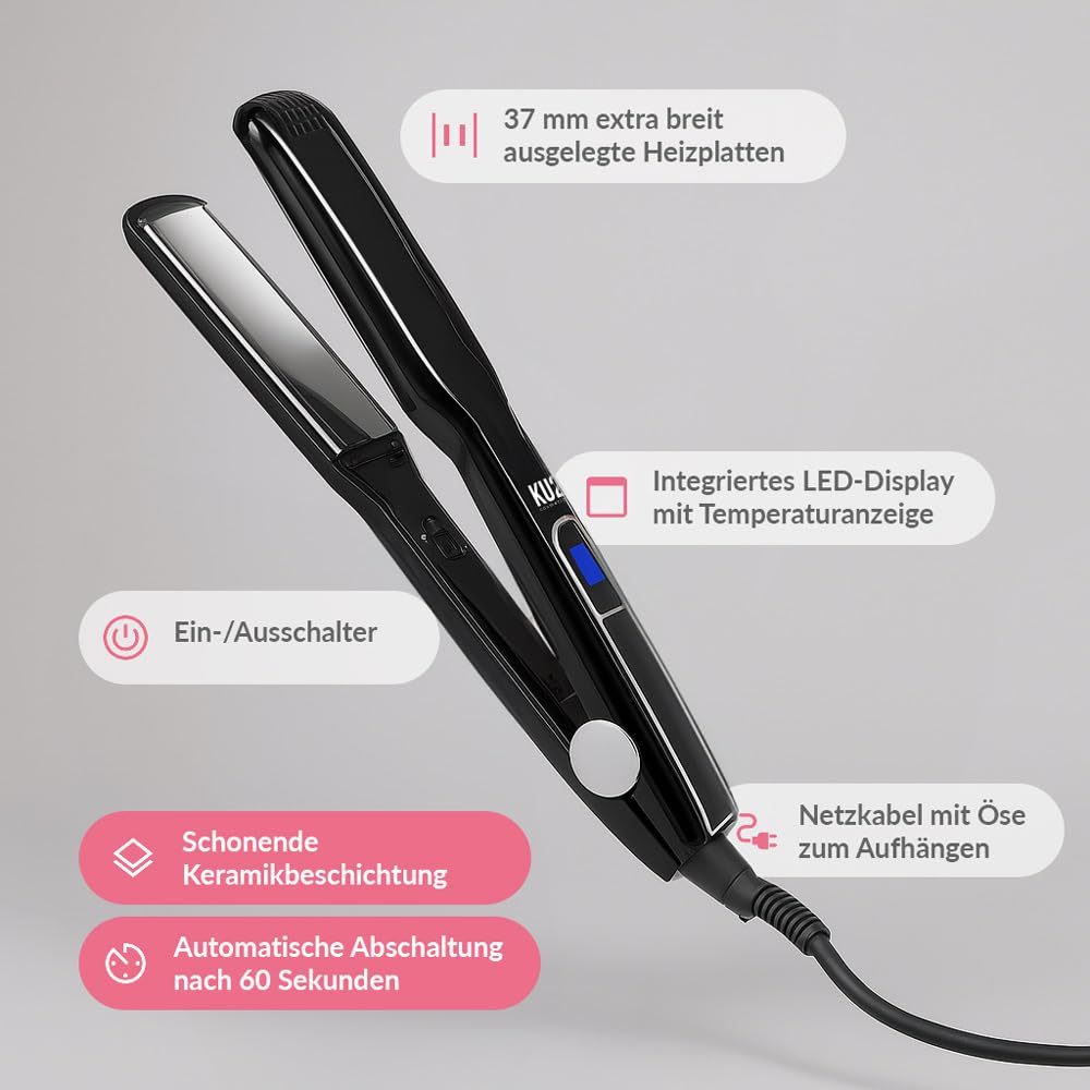 KU2 Cosmetics Haarglätteisen Bold, Extra breite 37 mm Keramik-Platten