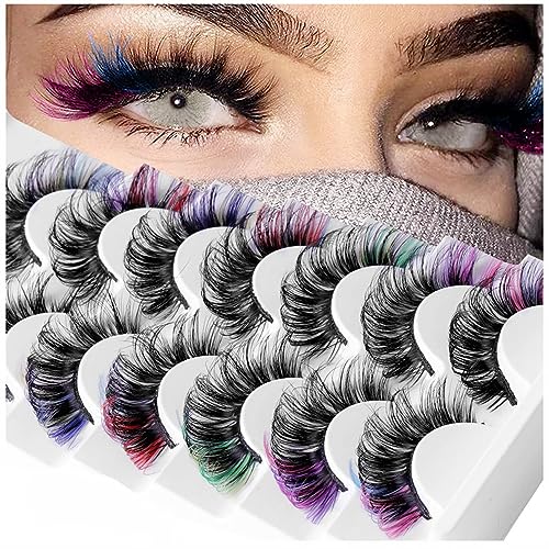 7 Pairs Colored Eyelashes, Mink Lashes With Color on End, Fluffy Colorful Lash Clusters, Dramatic Long Thick Cat Fox Eye Lashes Full Curly False Eyelash, 3d D Curl Salon Extensions Strip Pack