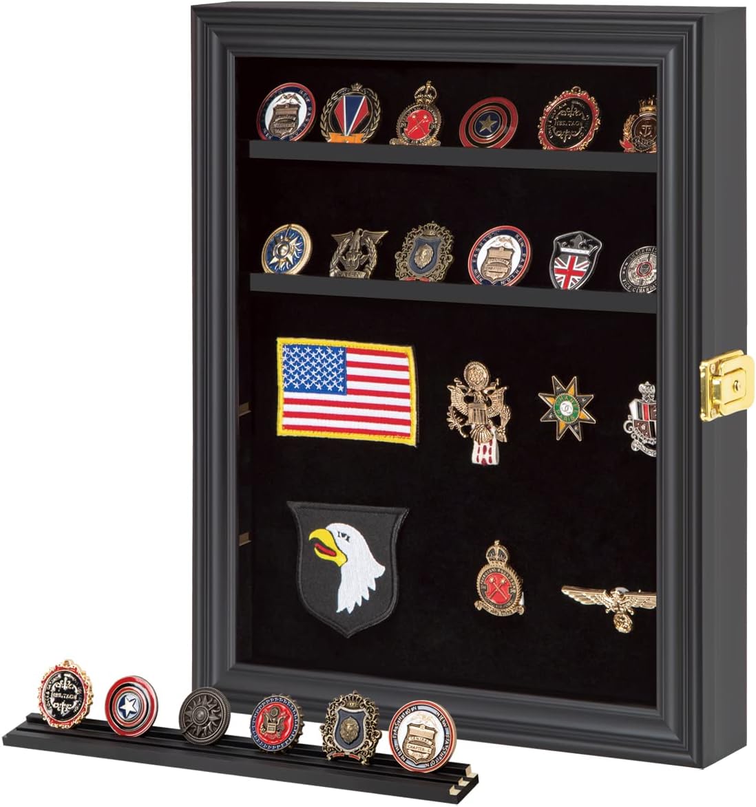 Verani Medals Display Case - Military Challenge Coin Display Shadow Box - Pin Display Cabinet with Removable Shelves and Pinnable Background for Badges Ribbons Insignia Buttons Small Black