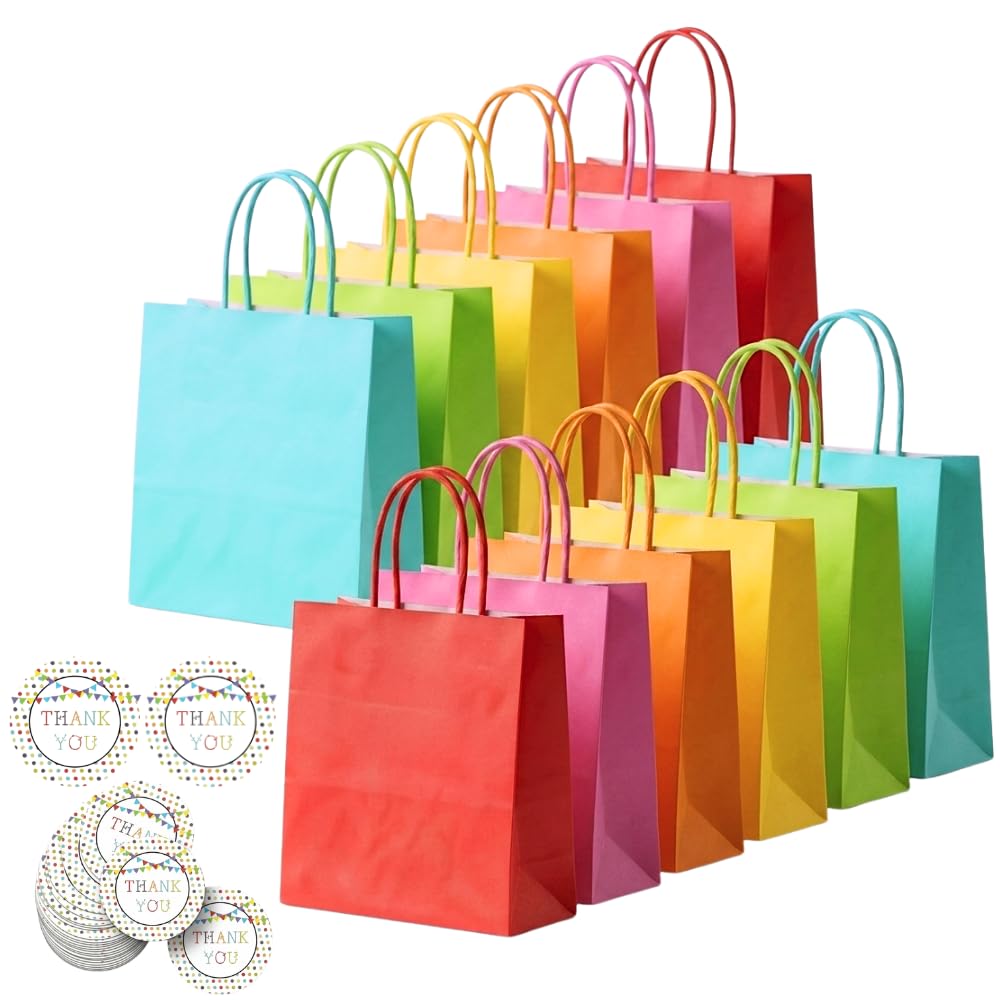 TEEPULL 30 Pcs Paper Party Bags with Handles, 120 GSM with Stickers