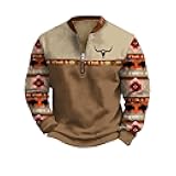 Aztec Cowboy Mens Hoodie Vintage Bull Graphic Western Hoodies for Men Casual Long Sleeve Half Zip Pullover Tops