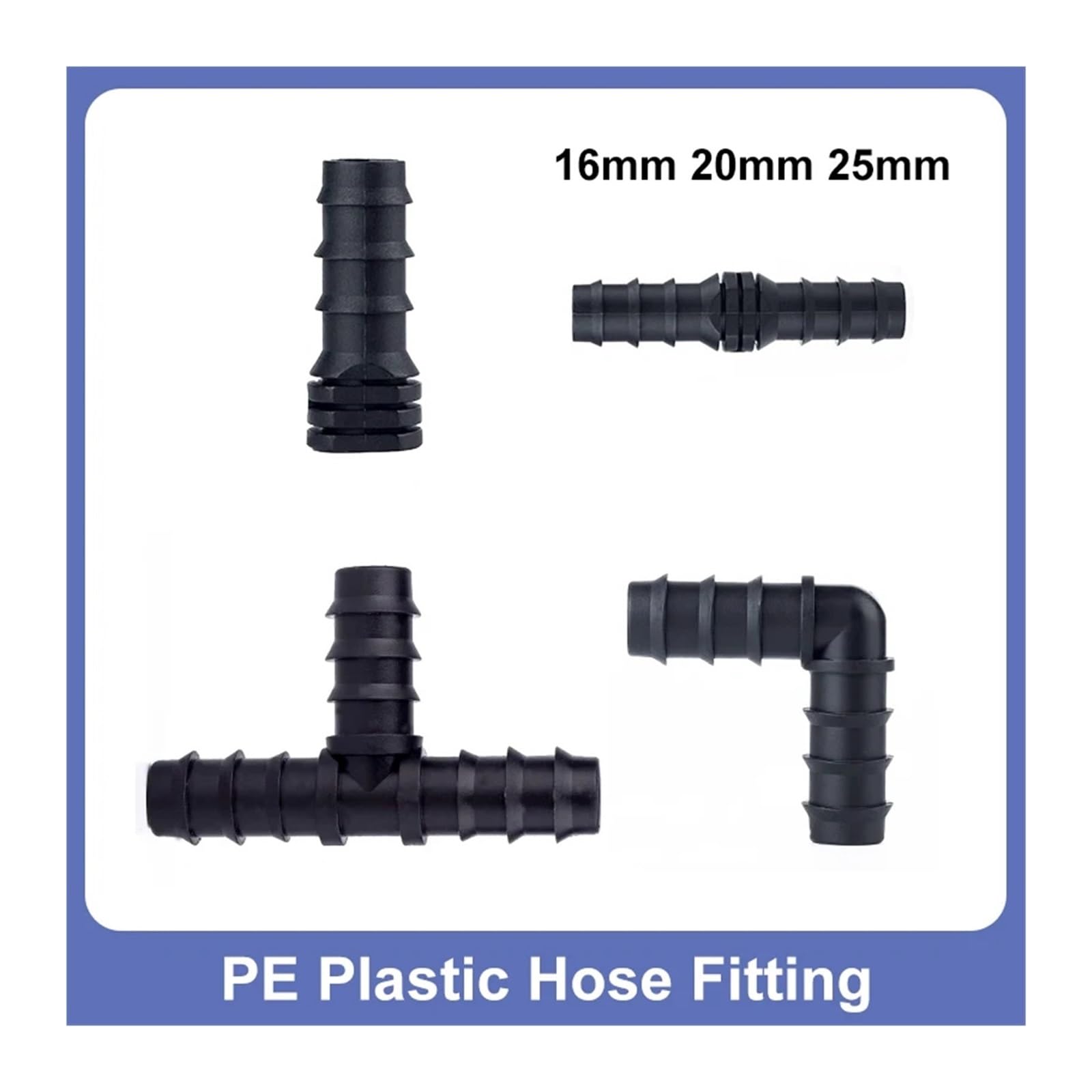 Junta de tubería de PE, conector de codo recto en T de 16mm, 20mm y 25mm, conector de manguera de riego por micropulverización for riego de invernadero(Tee,20mm,50 pieces)