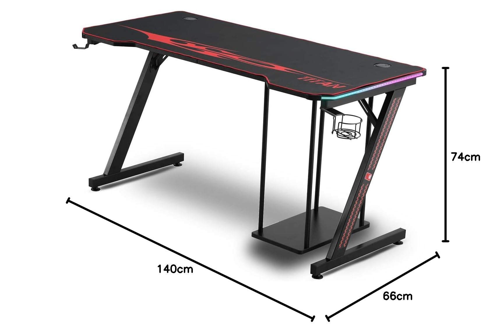 MY SIT Gaming Tisch 140 cm Titan Farbwechsel LED Beleuchtung - Kopfhörerhalter PC-Halter Getränkehalter - Leistungsstarkes Kabelmanagement - Schreibtisch Gaming Computertisch in Schwarz