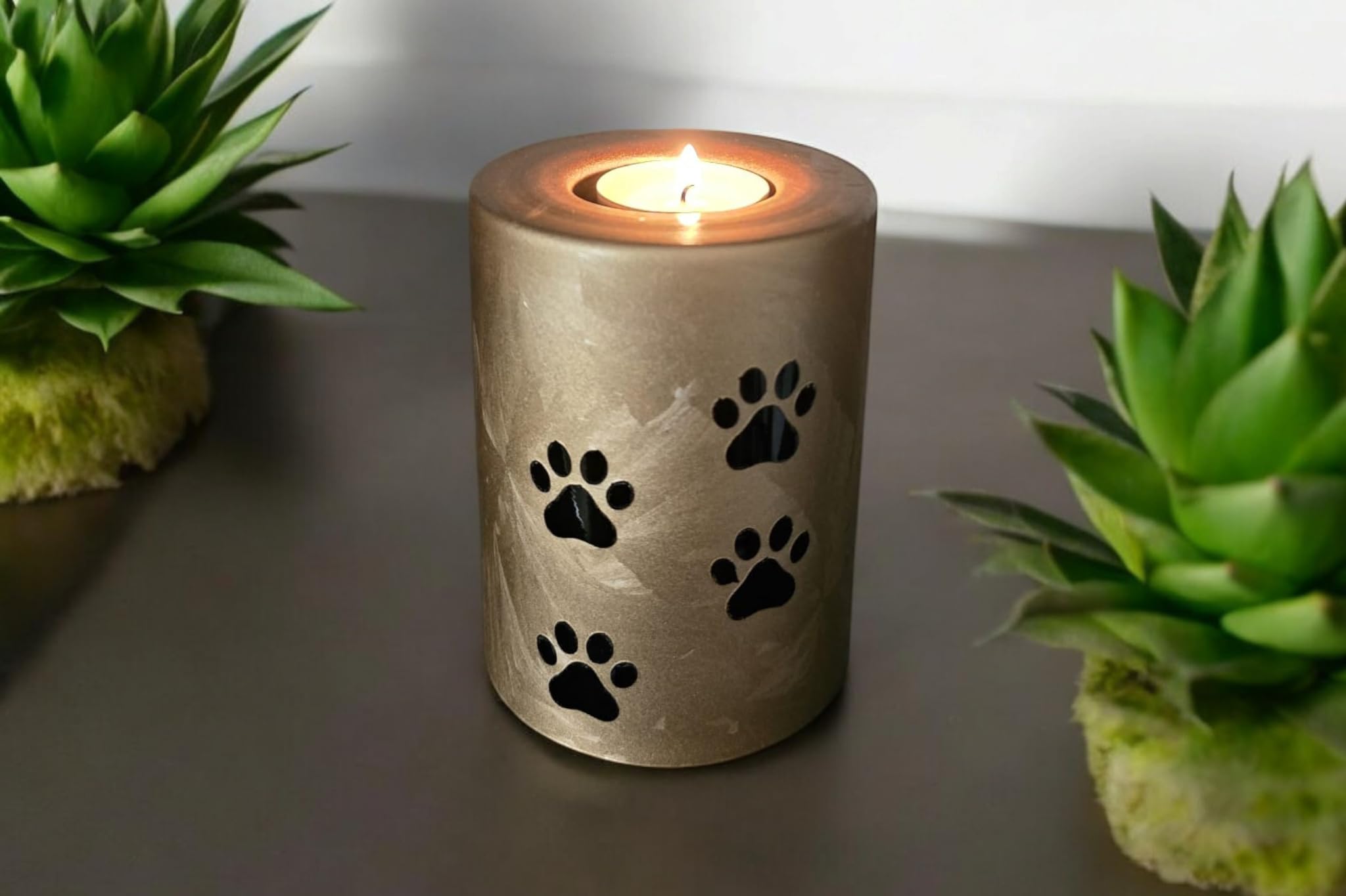 Urne Hund Urne Katze aus Glas mit Pfotenabdruck – Handdekorierte Gedenkkerze – Ascheurne für Haustiere – Farben: Schwarz-Gold oder Gold-Schwarz – Höhe: 9 cm oder 13 cm (Gold-Schwarz, Höhe: 13 cm)