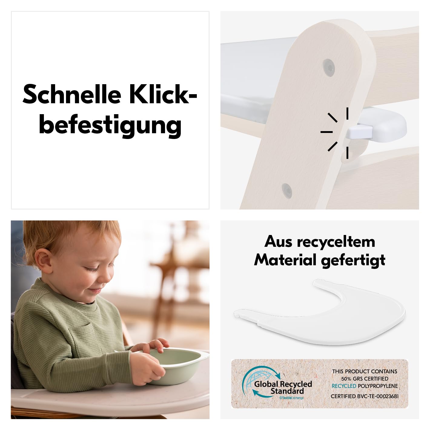 hauck Alpha+ Hochstuhl aus Buchenholz inkl. Klick Essbrett & Sitzkissen - Mitwachsender Kinderhochstuhl ab 6 Monaten bis 90 kg, Höhenverstellbar, mit 5-Punkt-Gurt, Schrittgurt & Essbrett, TÜV-geprüft