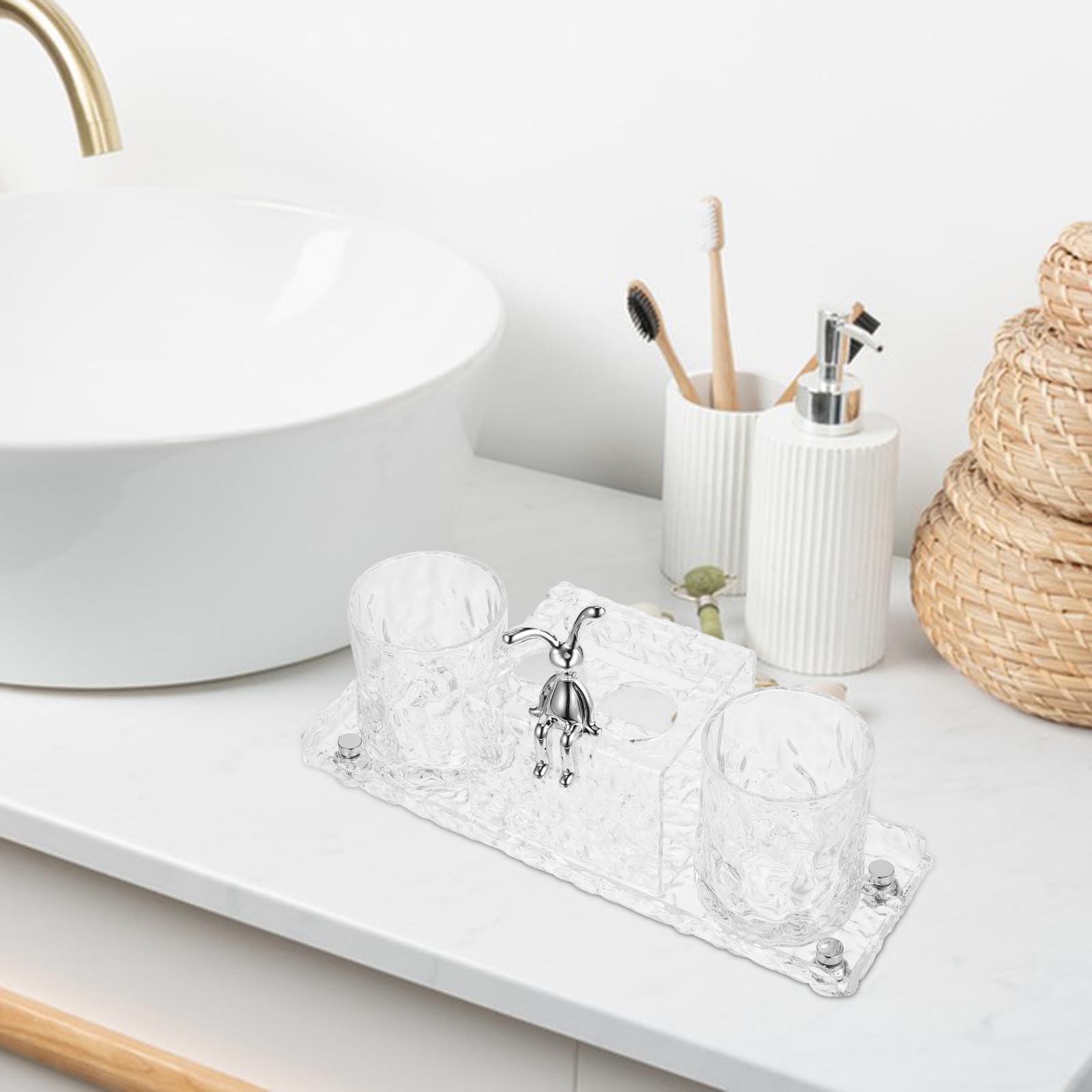 Zahnbürstenhalter aus Acryl mit Ablage und Zwei Bechern für Badezimmer