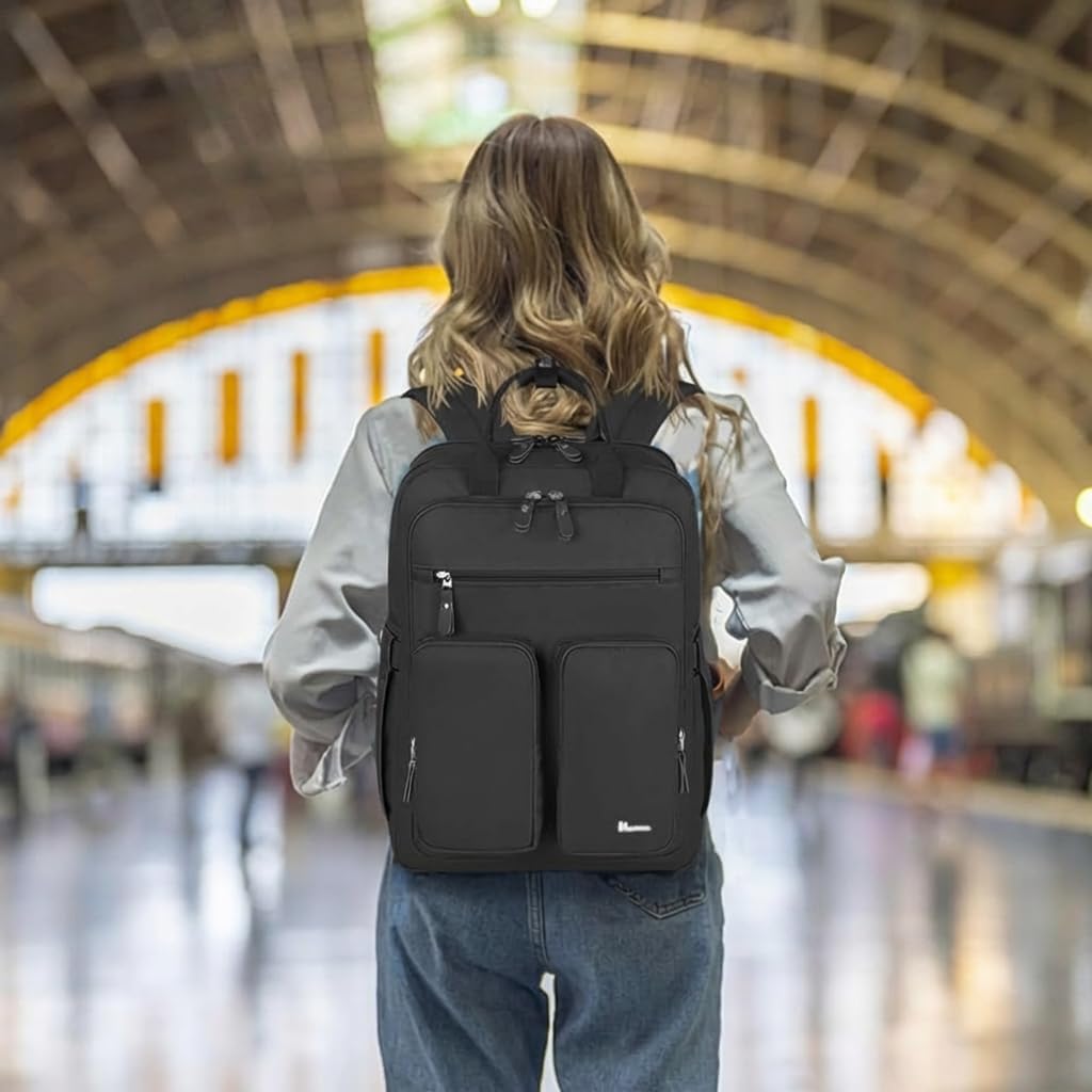 Mancro Travel Backpack for Women with TSA Laptop Compartment, 15.6 Inch Laptop Backpack with Dry-Wet Pocket, Fashion Casual Travel Computer Backpack for Women, Black