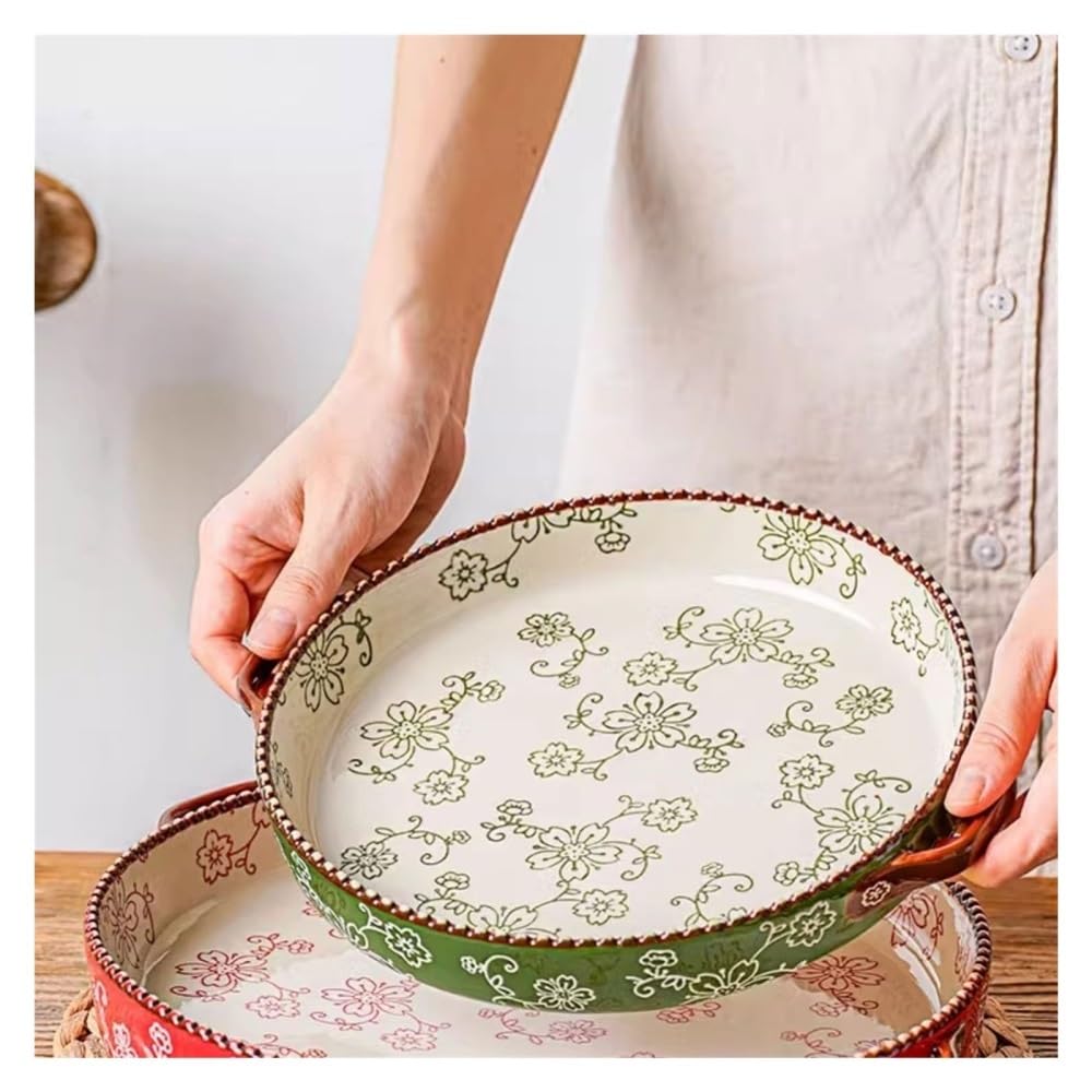 Forma do pieczenia, Okrągła ceramiczna patelnia do pizzy z podwójnym uchem i specjalną tacką pieczenia ryżu sera(Green)