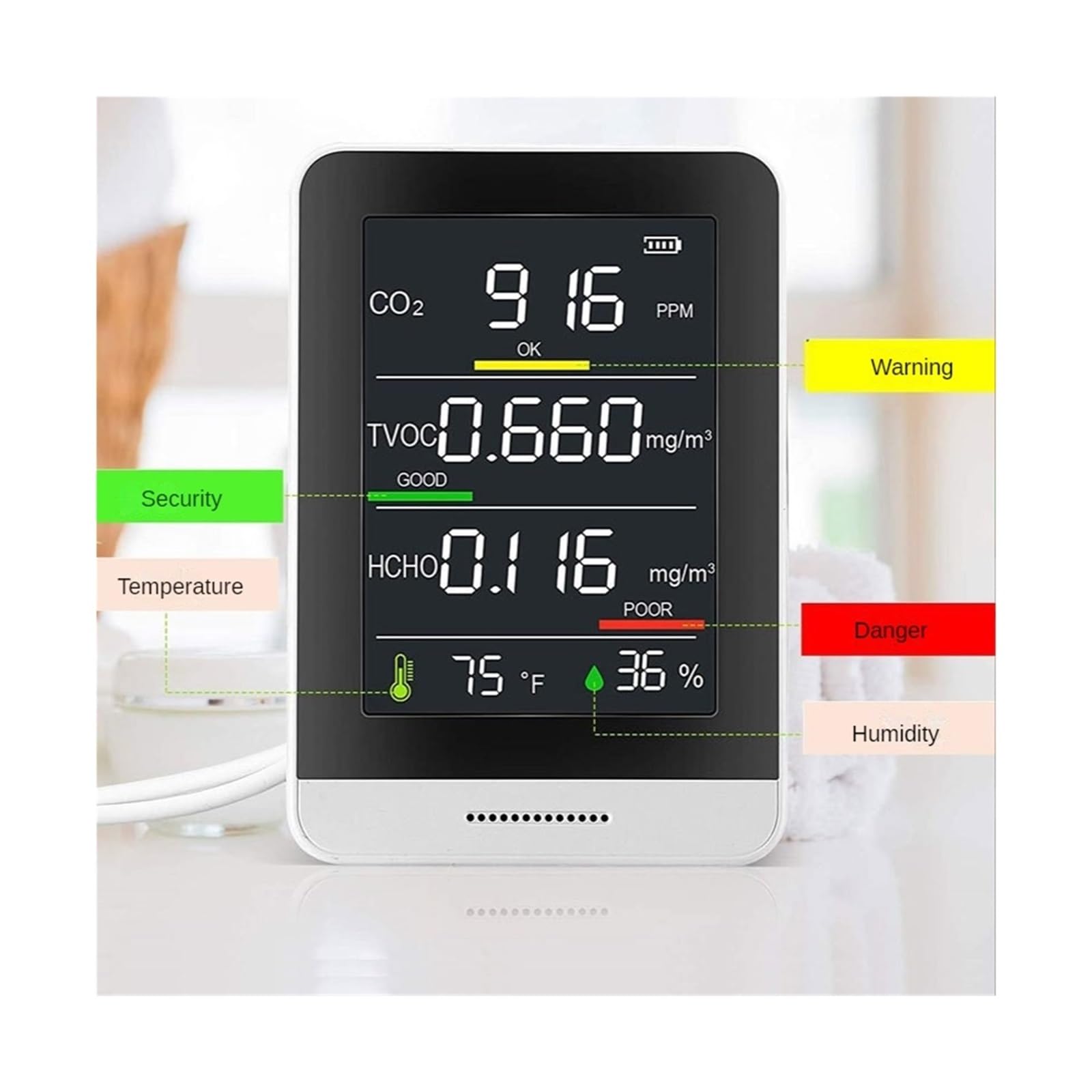 Rilevatore Gas, Rilevatore di CO2 5 in 1 Rilevatore di qualità dell'aria Rilevatore di anidride carbonica Tester di umidità della temperatura digitale portatile Misuratore di CO2 HCHO TVOC,per casa u