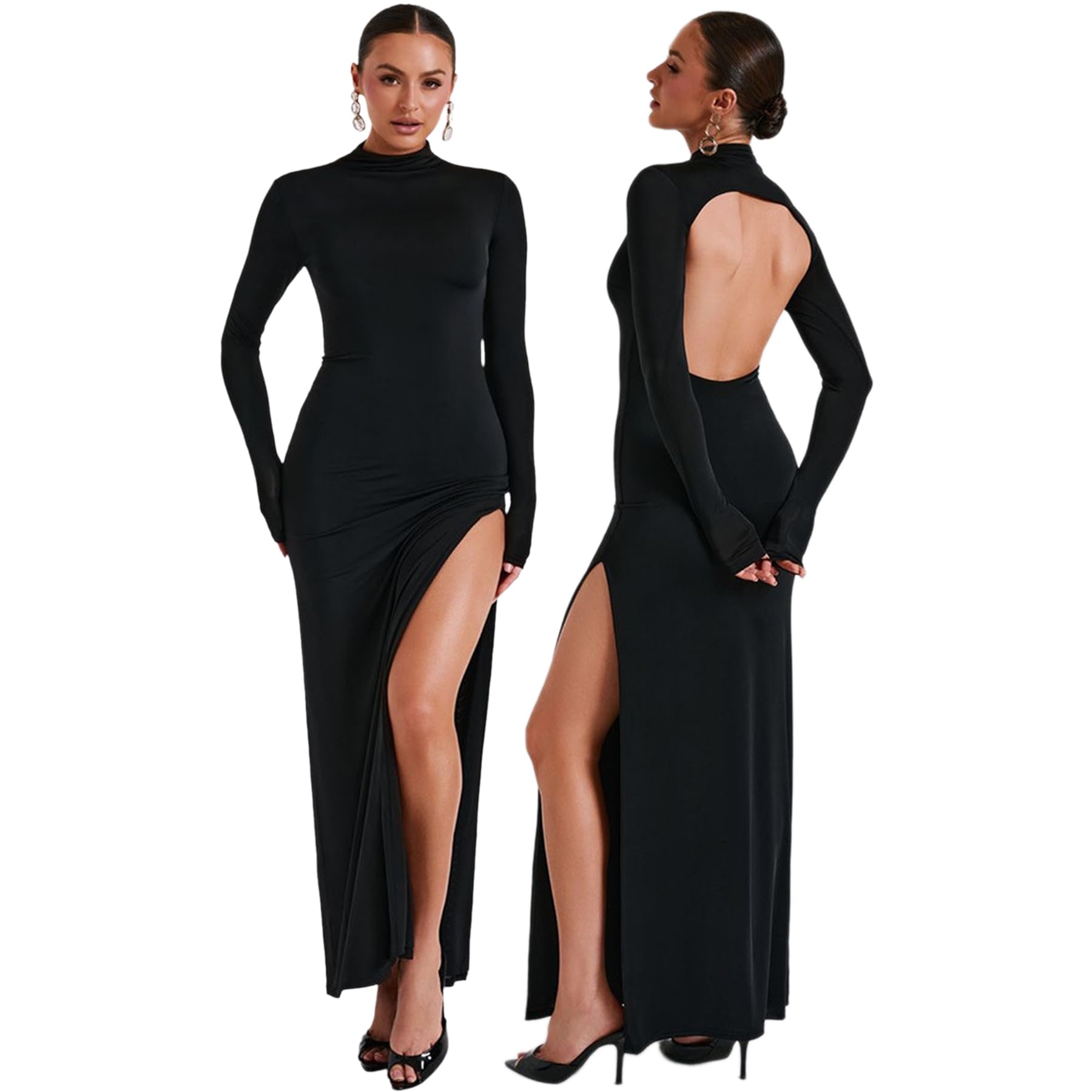 Gkaopi Women Maxi Dress Sexy Backless Bodycon Dress Long Sleeve Turtle Neck Cocktail Dresses Stretch High Slit Long Dresses for Ladies M Black