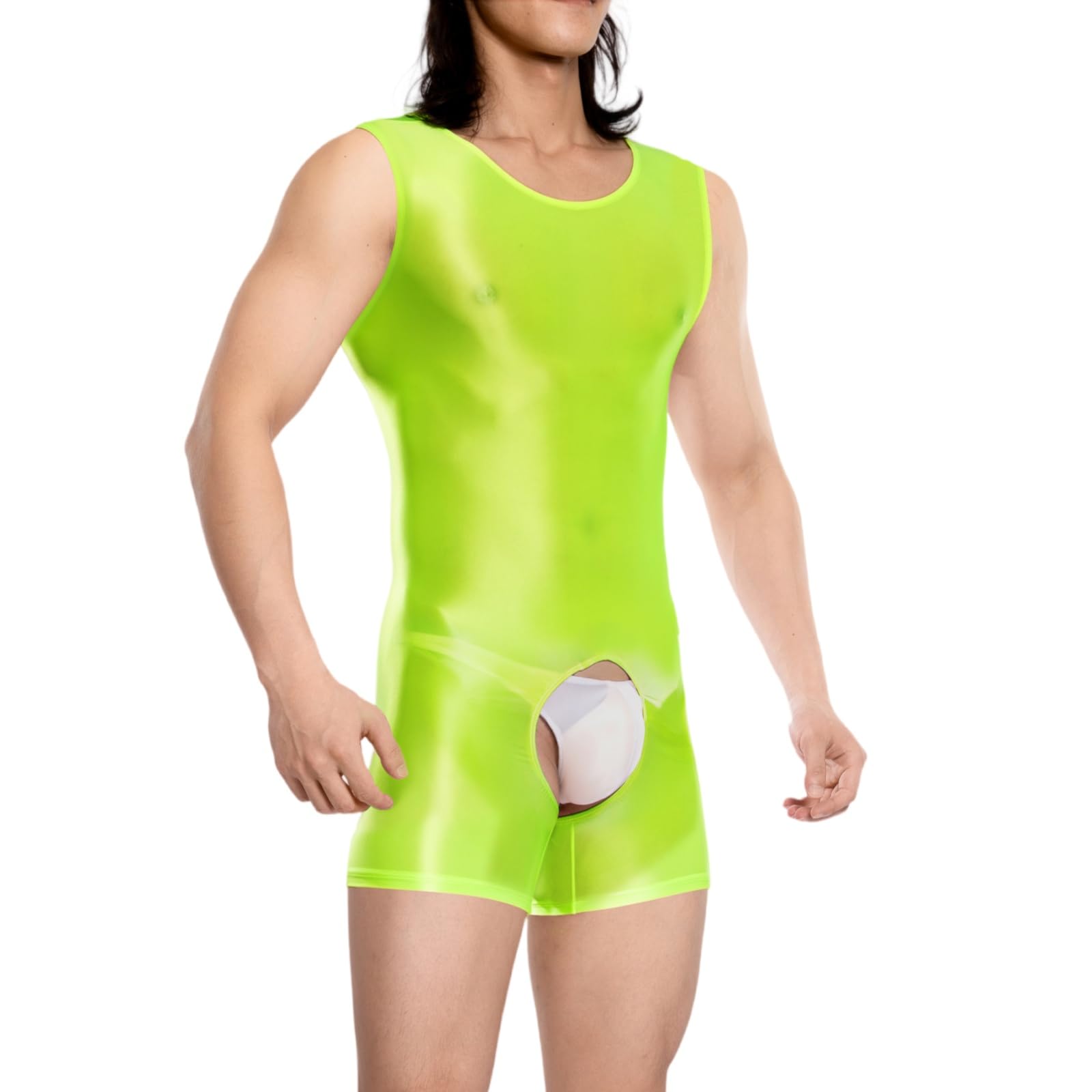 RuiChy Herren Glänzendes Body Armellos Fitness Overall Tank Top Shiny Rundhals Einteiliges Leotard Wrestling Singlet Unitard Freizeit Trainings Playsuit Festival Rave Nachtwäsche