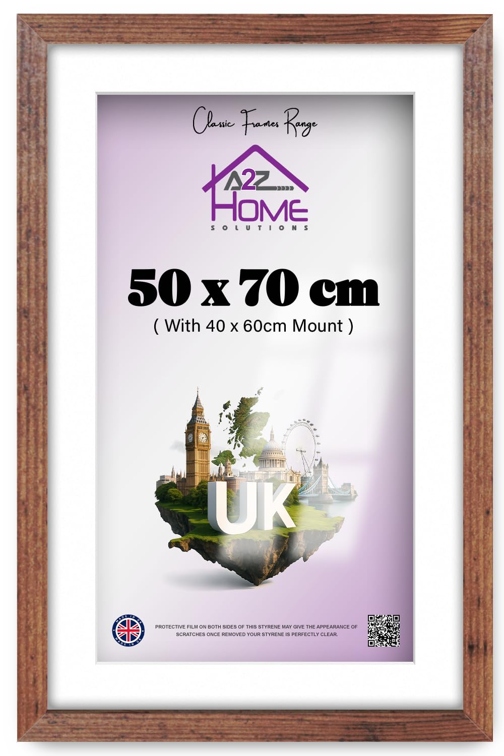 A2Z Home Solutionsยฎ Photo Frame Rustic 50x70 cm Frame With Mount 40x60 cm Picture Poster Print With Clear HD Perspex 30x15 MM Moulding Mounting Hooks MDF Backboard