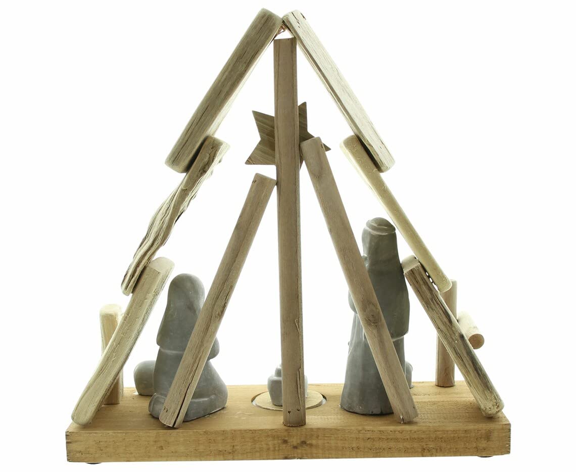 Dekoleidenschaft Crèche de Noël avec éclairage LED, étable en bois de hêtre, figurines en béton, décoration de Noël, crèche en bois
