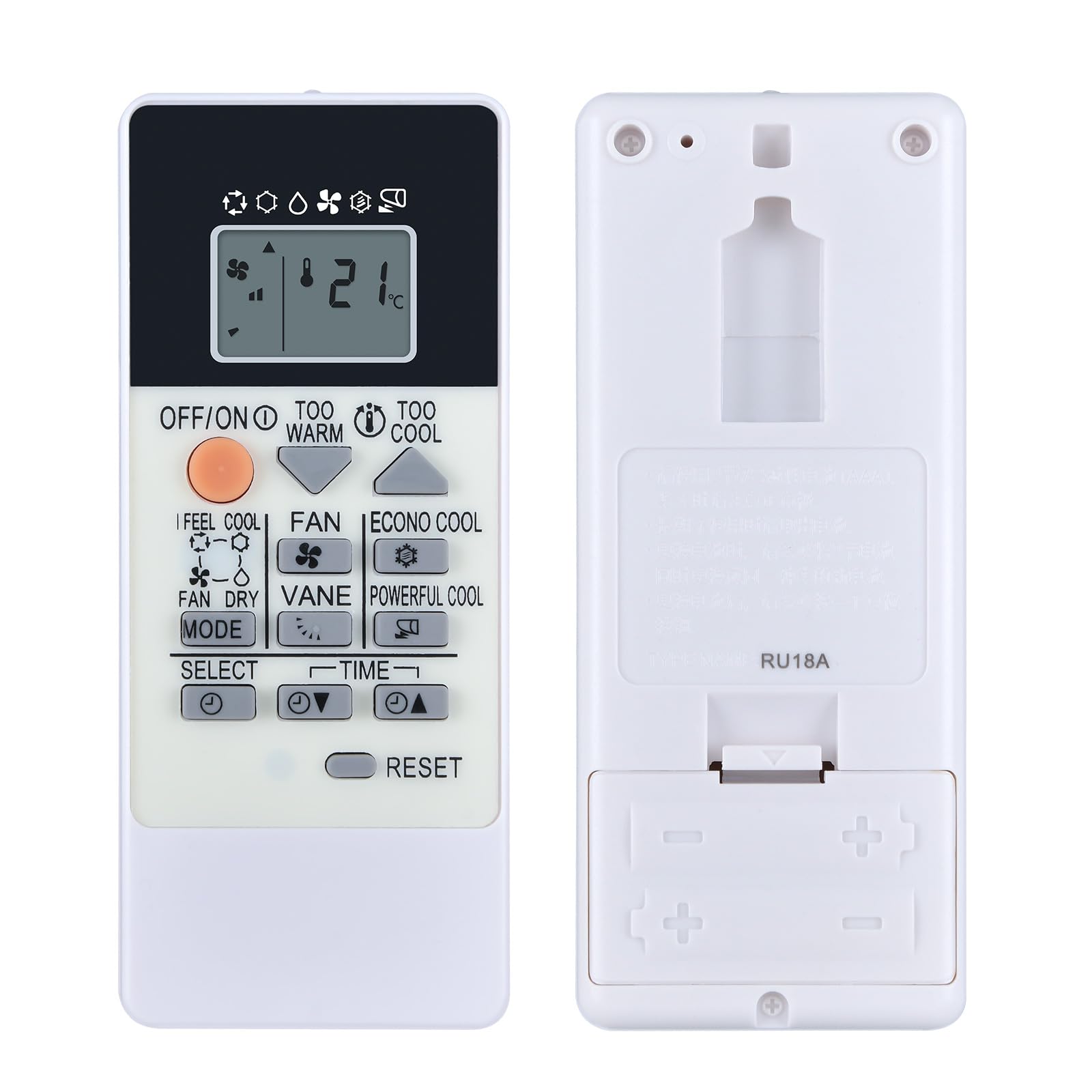 GOUYESHO RU18A remote control displaying a clear LED screen with temperature and mode indicators.