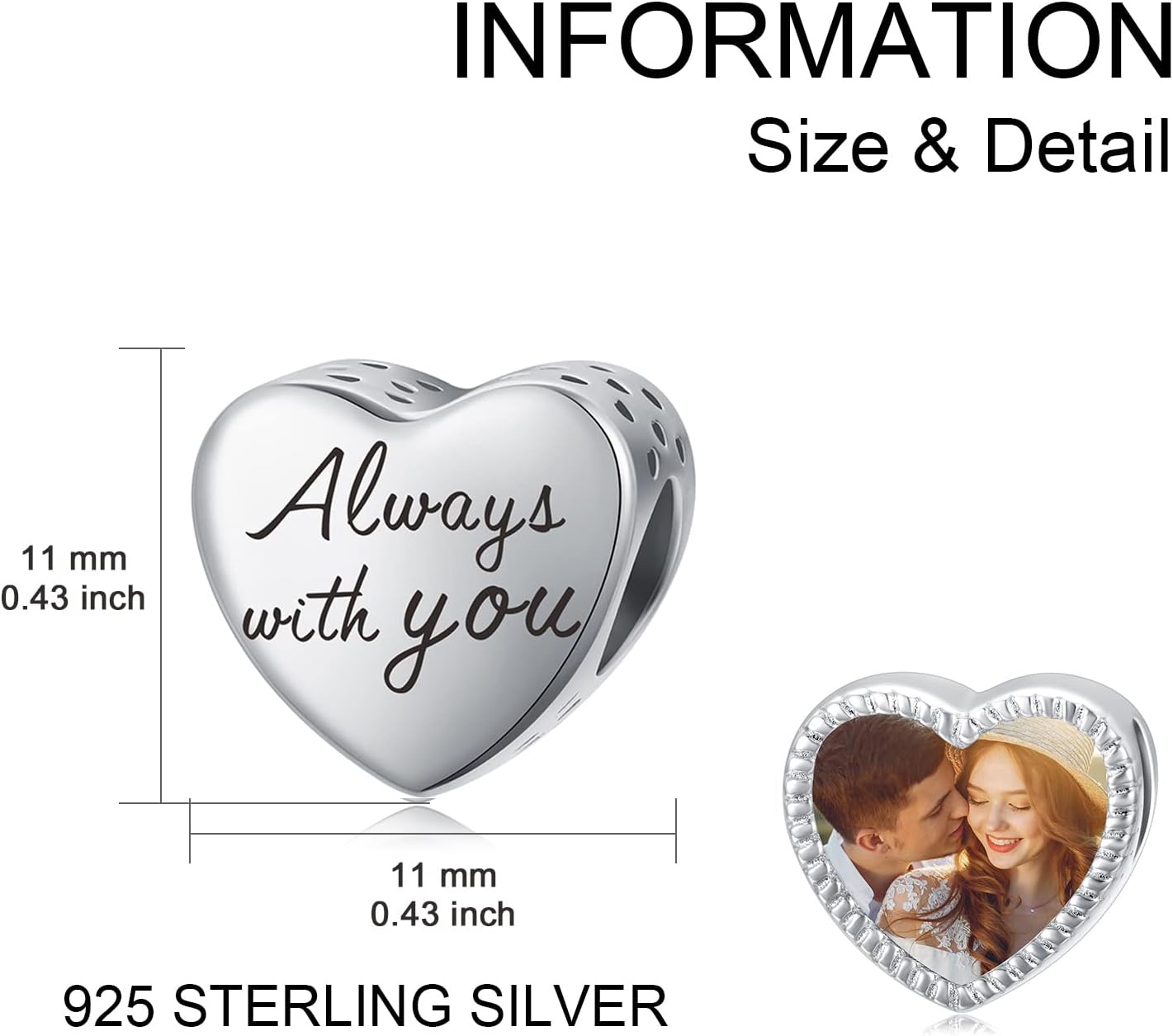 PEIMKO Personalized Photo Charm Fit Snake Bracelet Sterling Silver Customized Picture Round Shape Bead