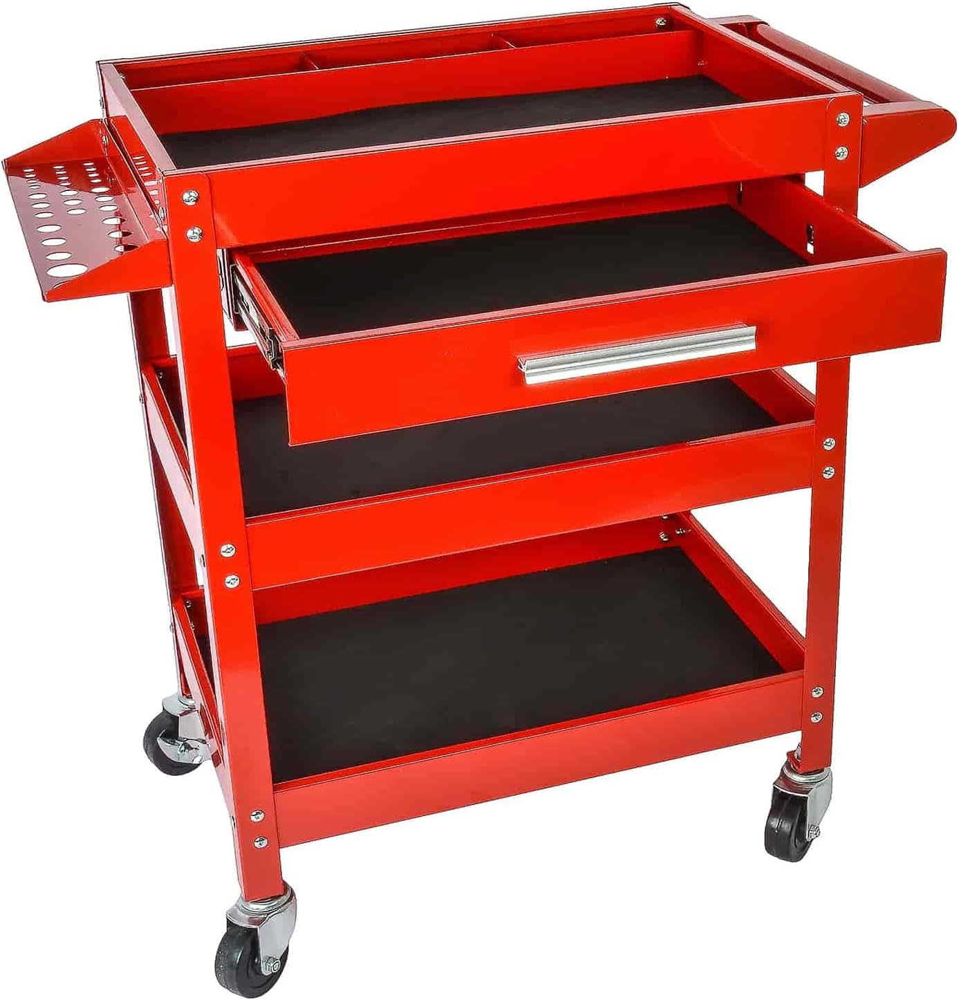 JEGS 3-Shelf Shop Cart | 200 LBS Total Capacity | Red Powder Coat Finish | Drawer Liners Included | Smooth Ball-Bearing Glides | 31.625 x 16.125 x 31.5 inches