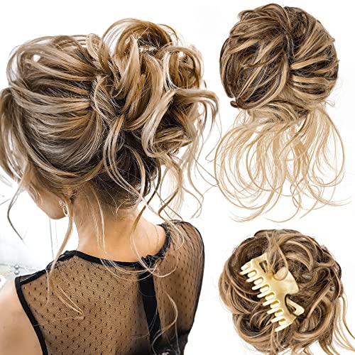 Moño Postizo Desordenado,Moño Postizo Rizado Elástico Coletero Pelo Mujer Extensiones Bollo de Peluca Ondulado Rizado Grueso Moños Postizos de pelo con Cuerda para el Pelo Horquilla,45g (Lino Marrón)