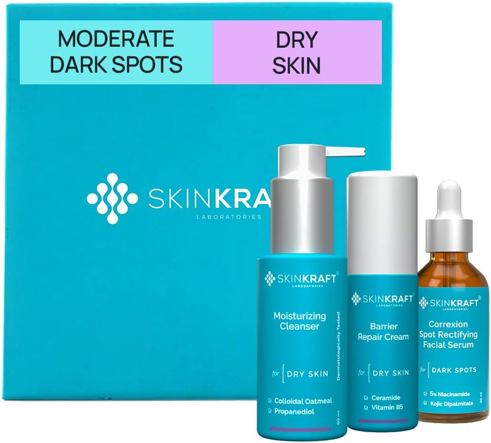 SkinKraft Moderate Dark Spot Removal Kit For Dry Skin - Customized Skincare Kit - Cleanser + Moisturizer + Moderate Dark Spots - Dark Patches Serum - For Women & Men - Dermatologist Recommended (Pack Of 3)
