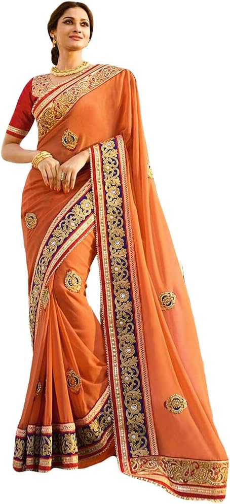 Shree Designer Sarees Women's Orange Georgette with Heavy Work Fancy Designer Saree