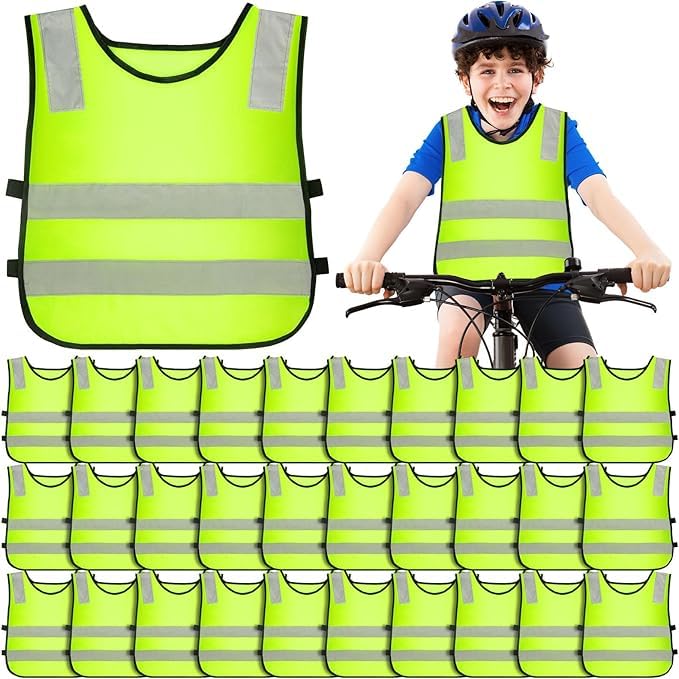30 Stück Warnweste Kinder, Sicherheitsweste Kinder, Warnwesten Auto für Kinder, Reflektorweste Kinder, Reflektierende Hohe Sichtbarkeit für Den Schulweg, Radfahren, Straßenverkehr (3-12 Jahre)
