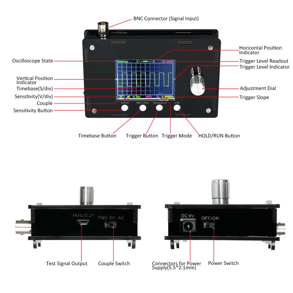 DSO328 6,1 cm TFT Handheld Pocket-Size Digital mini Oscilloscope Bandwidth 1 Msps 0 – 200 kHz STM32 chip con sonda