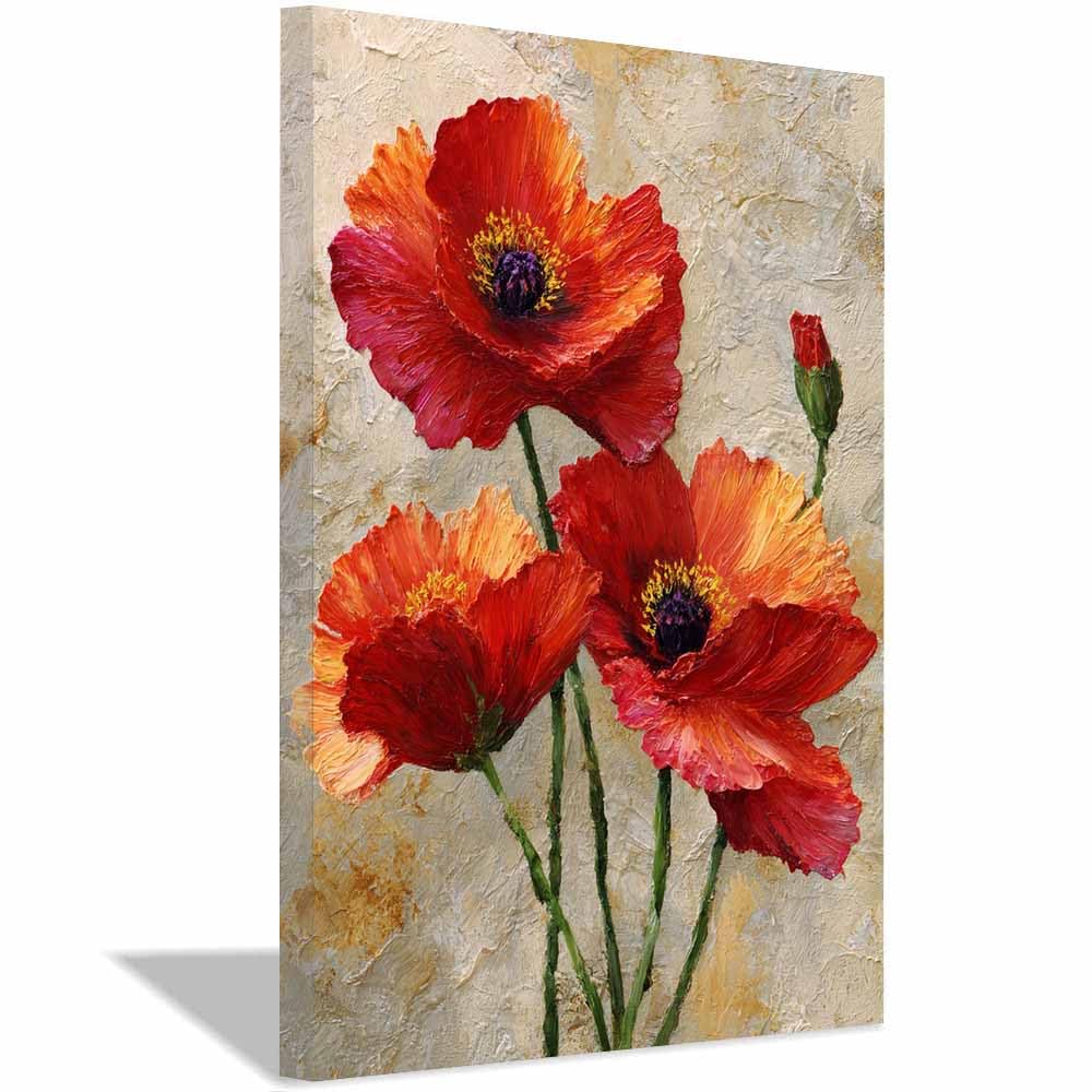 Xeniou Multicolor Flowers Canvas Textureds Reds Poppy Painting Canvas Wall Art, For Living Room Bedroom Restaurant Home Office Wall Decoration(Multicolor)-40X60cm Framed