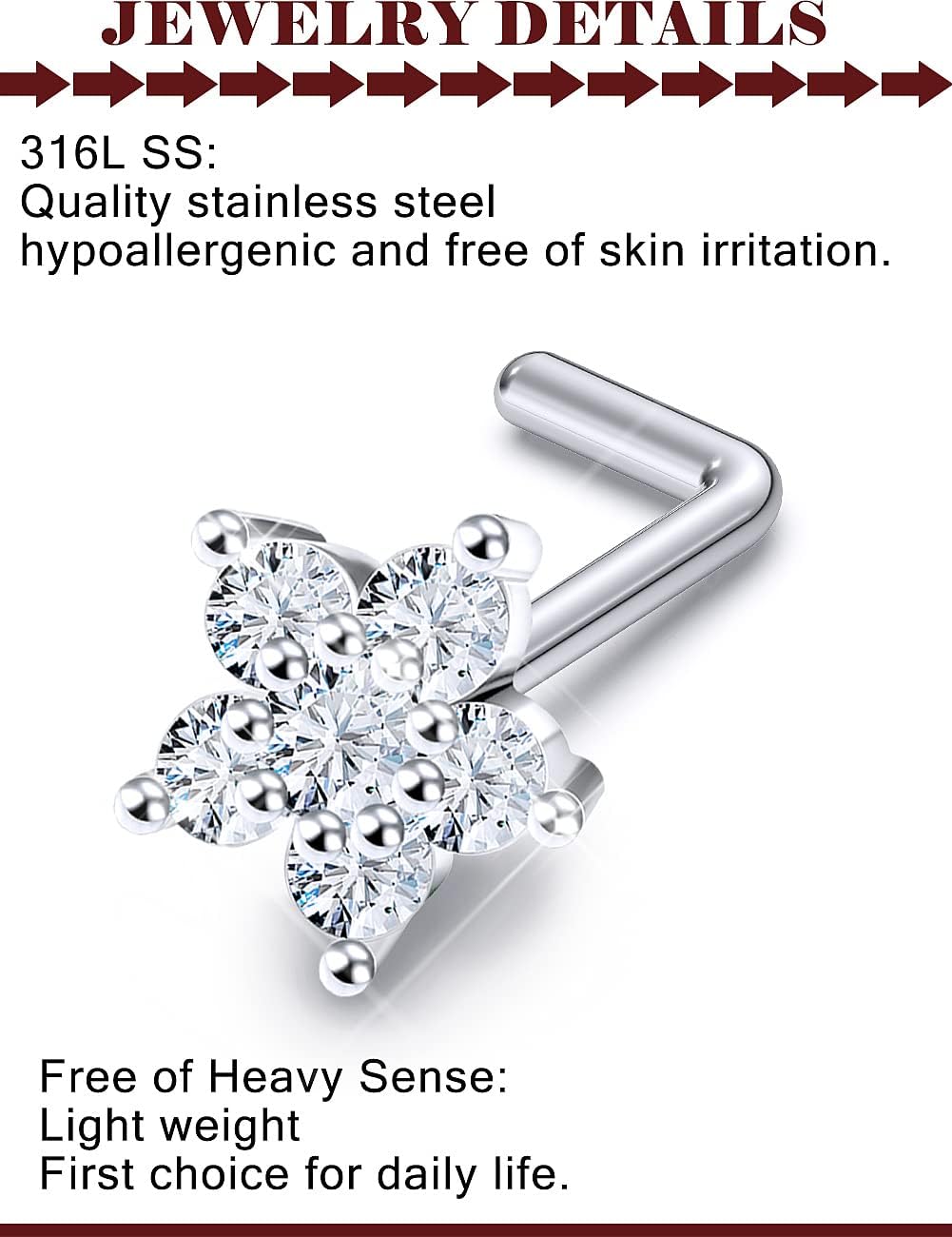 Prjndjw 20G Surgical Steel Nose Rings and Studs - Glow Dark Heart Opal CZ Flower Piercing Jewelry for Women - 38Pcs 6.5mm Straight Bend L Shaped Piercing Kit - Image 2