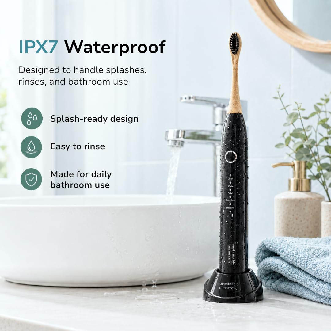 Sustainable Tomorrow Zen Bamboo Spazzolino da denti elettrico per adulti, modello wireless onice, ricaricabile con setole morbide a base vegetale, teste in bambù, 5 modalità e batteria a lunga durata