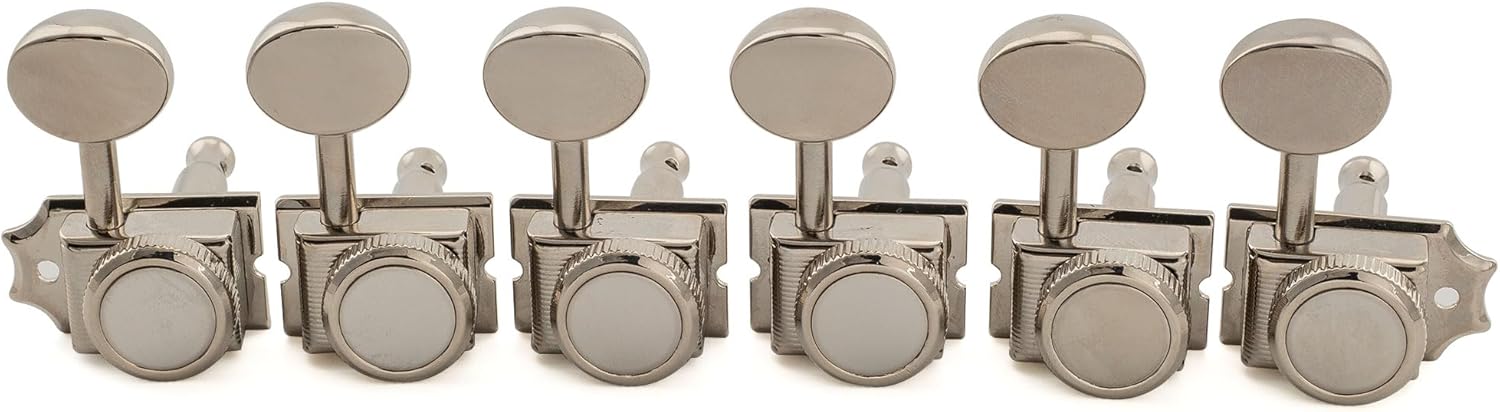 Musiclily Pro R18T 6-in-line 18:1 Ratio Semi Closed Vintage Hybrid Style Locking Machine Heads Tuners with Vintage Oval Button for Fender Squier Strat Tele Style Electric Guitar, Nickel