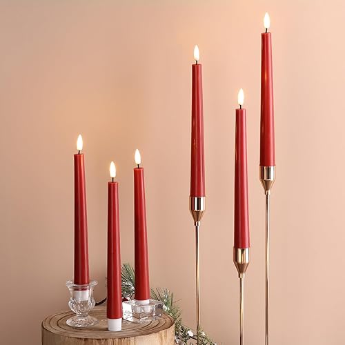 Miniatura 6 de Eywamage Juego de 6 velas cónicas sin llama de Navidad rojas con mando a distancia, velas LED de cera parpadeante
