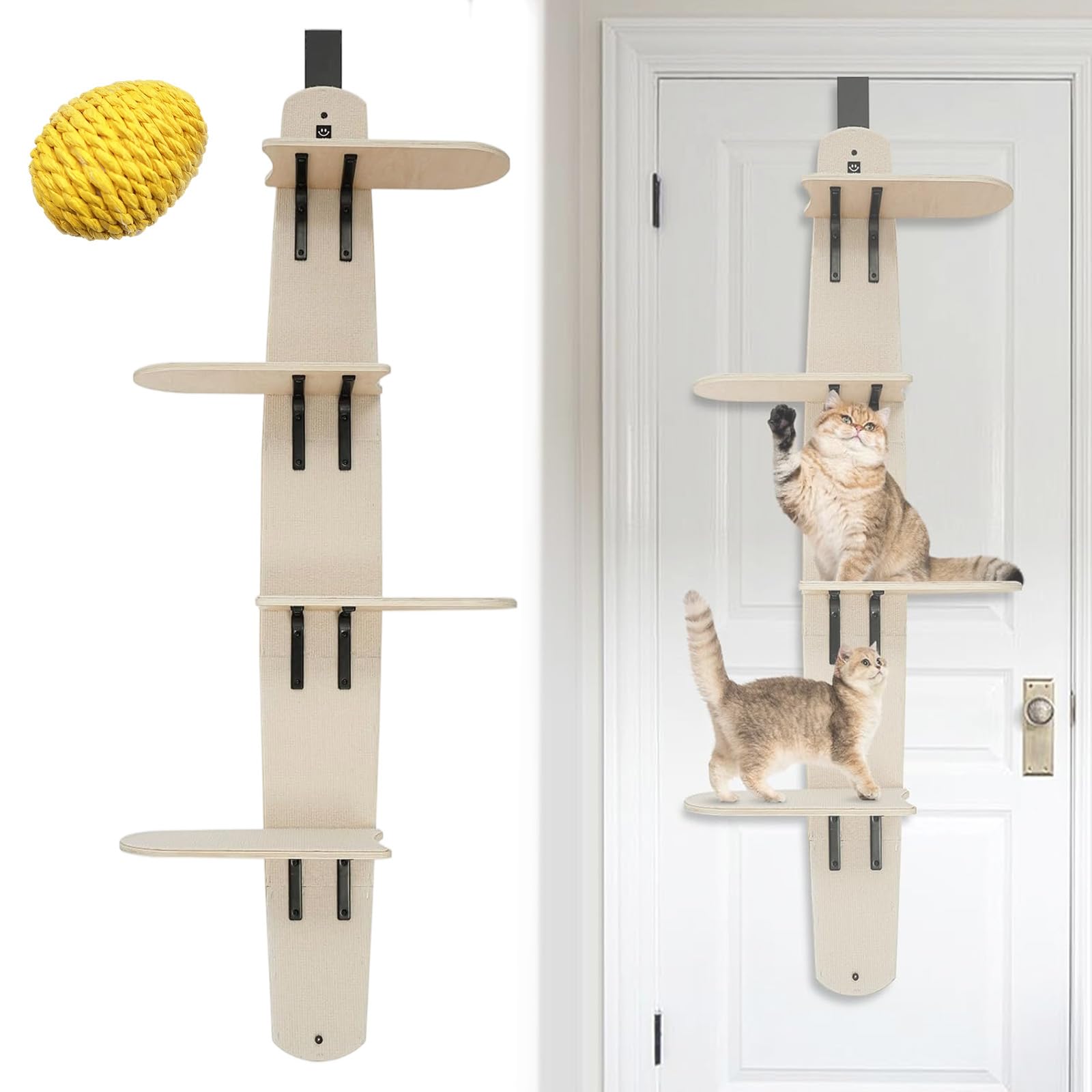 Mensole Da Parete Per Gatti A 4 Livelli, Versatile Tiragraffi A Torre Per Porta, Legno Massello, Montata Fino A 25 Kg, Gradini Per Arrampicare, Graffiare, Giocare