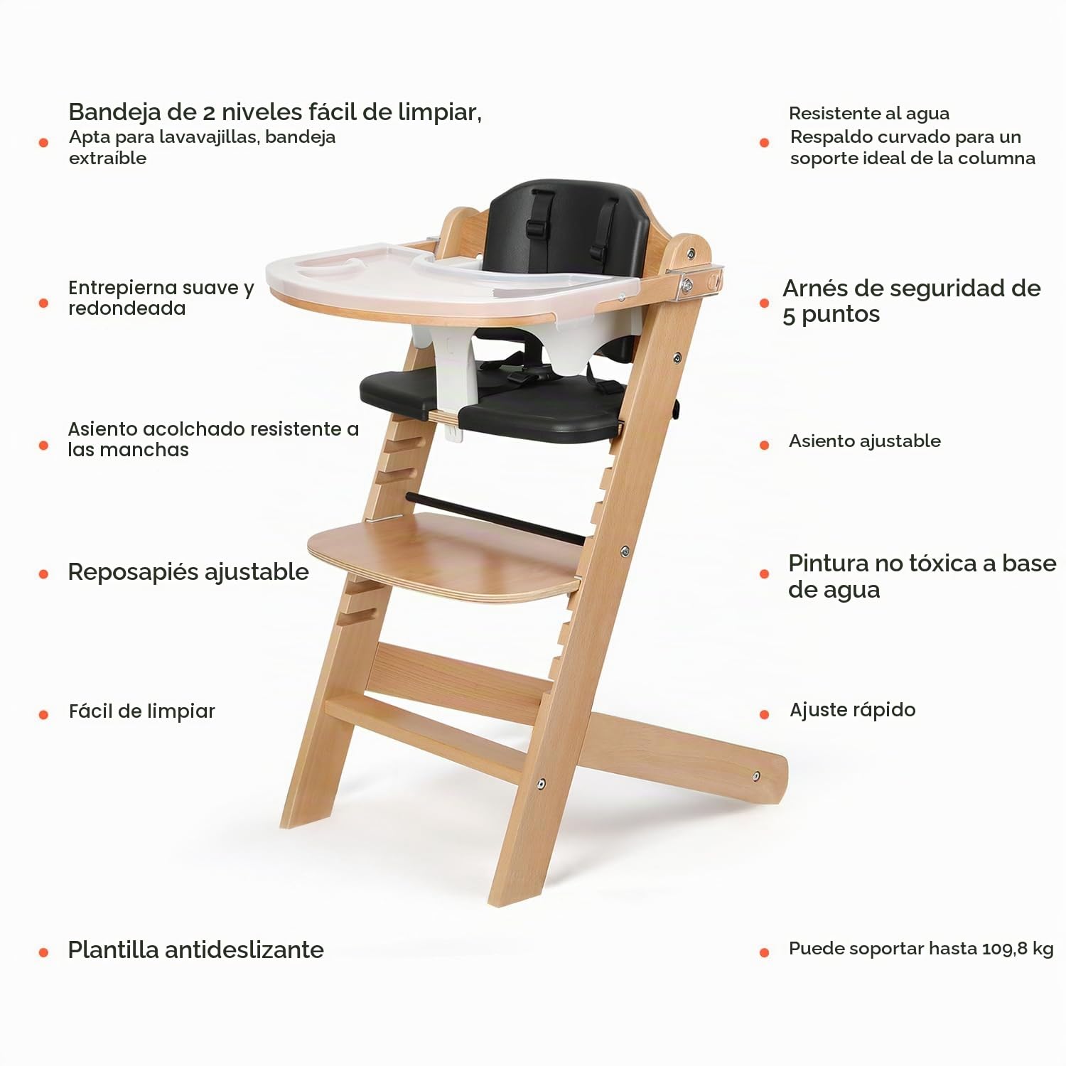Cowiewie Trona de madera natural para bebés y niños pequeños de 3 niveles extraíble y 2 bandejas ajustables, 8 trona ajustable con cojines, fácil de limpiar (negro)