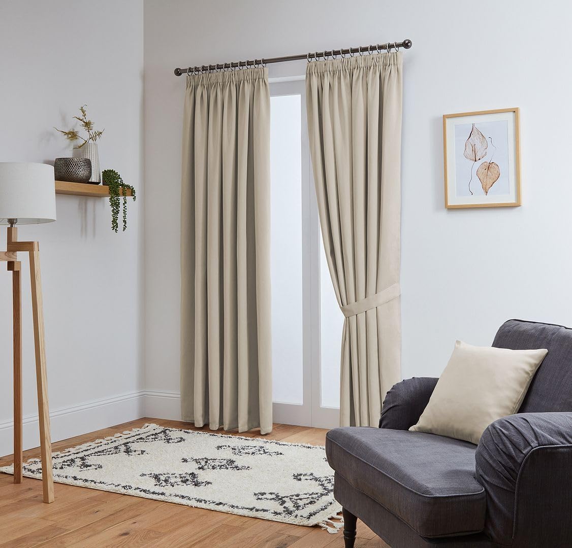 John Aird Blackout Curtains Pencil Pleat with Tie Backs (Natural, W 46" x L 72" (2 Panels) Thermal Energy Saving Curtains for Bedroom & Living Room