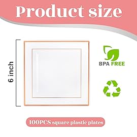 bUCLA 100 Pieces Clear Rose Gold Square Plastic Plates - 6 Inch Clear Plastic Dessert/Cake Plates with Rose Gold Trim Disposable - Ideal for Party, Wedding & Mothers Day