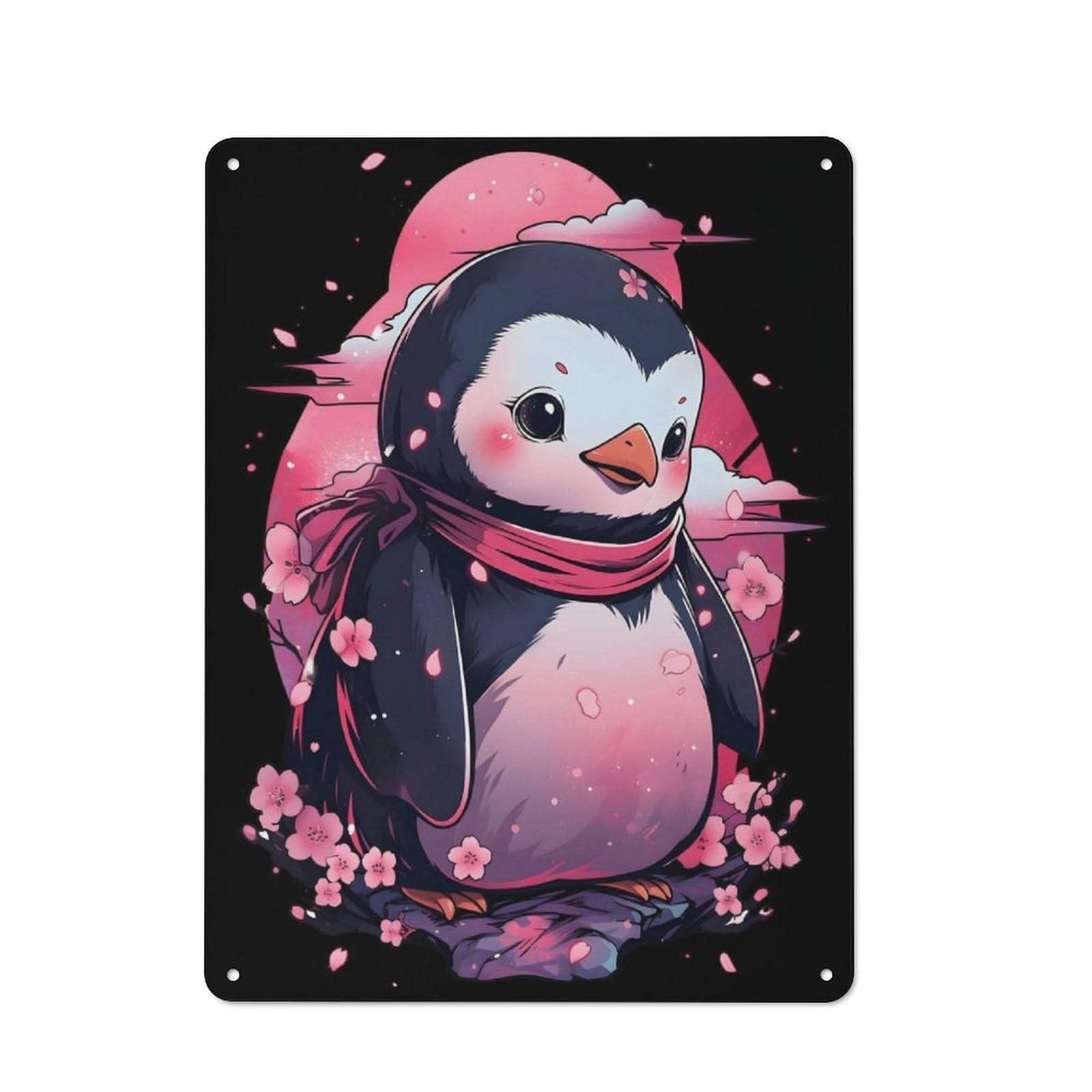 Junmoney Penguin Cherry Blossom Vintage Metal Plaque 40X30cm For Hobby Room Or Studio, Suited To Hobby Room Decor Fans