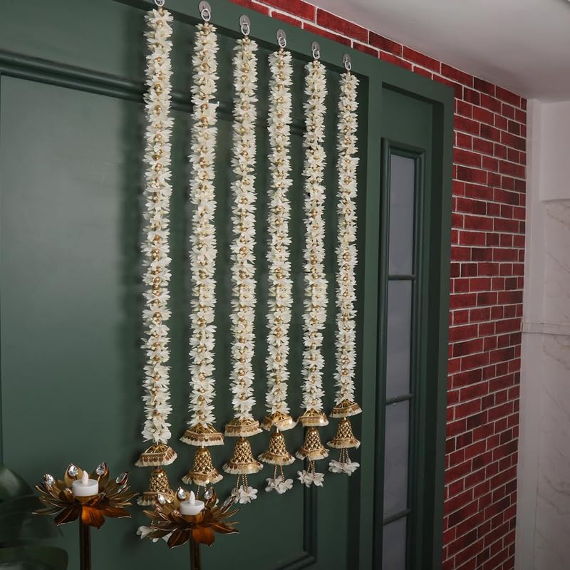 Image of Divyakosh Latkan for Home Decoration, Door Decoration Items Hanging, White Gajra Flower Strings (Pack of 6, Size 3 FT Each), Wedding Decorations, Event Decor, Perfect for Diwali, 36 Inch