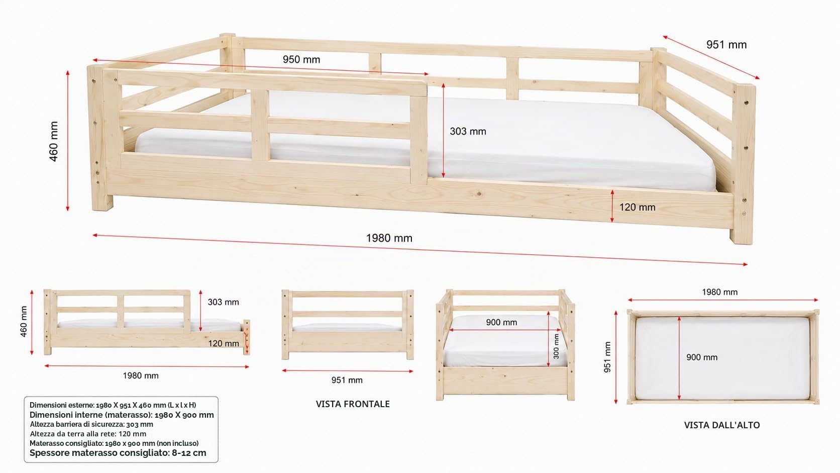 KONTARBOOR Letto per bambini 90 x 190 cm con barriere di sicurezza - Montessori - Letto a pavimento in legno massello naturale - Stile scandinavo unisex ragazza e ragazzo - Rete inclusa.
