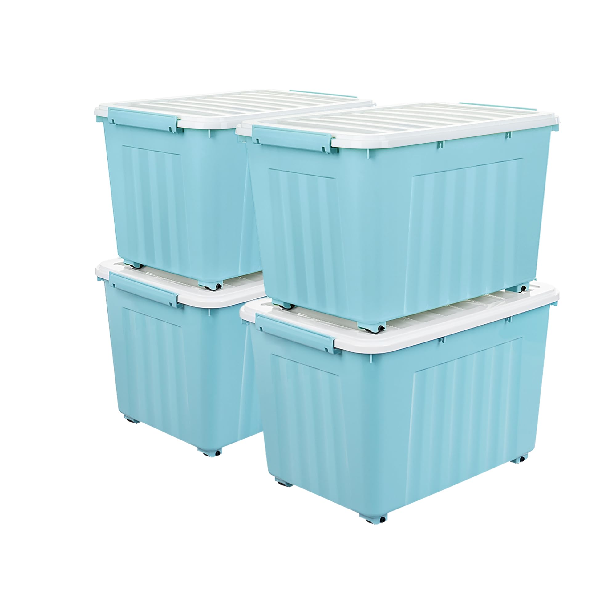Cetomo 55L*4 Storage Boxes with Wheels, Plastic Storage Box with Lid, Latching Buckles, Click Closure, Stackable, Nesting, Durable Organizer for Home Office Clothes, Blue, 55L-4 Pack