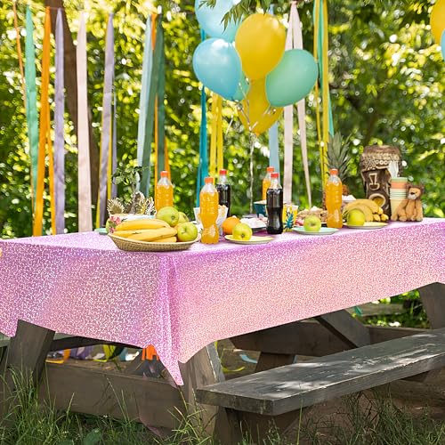 Image of Just Shimmer Light Pink Holographic Tablecloth 40 x 108, 1 Pack Iridescent Shiny Plastic Table Cover for Girls Birthday, Baby Shower, Bridal Shower, Princess and Bachelorette Party Decorations