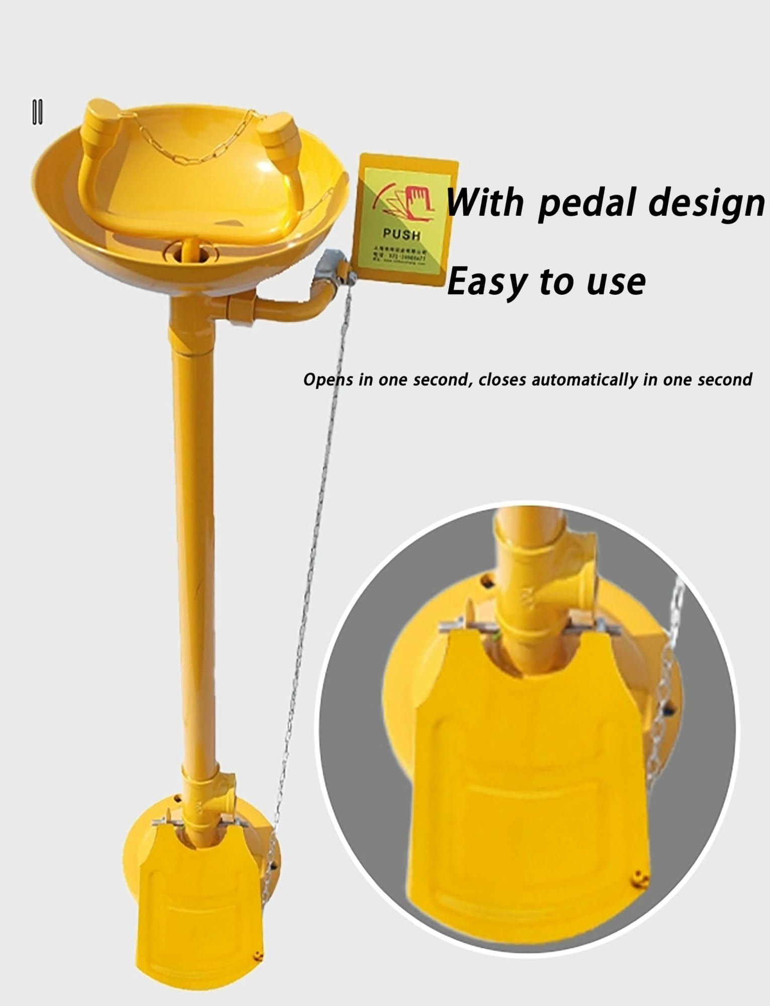 Lavaojos de acero inoxidable 304, estación lavaojos con pedestal, tablero de empuje manual llamativo e interruptor de pedal, operación manos libres.(Yellow,With pedals)